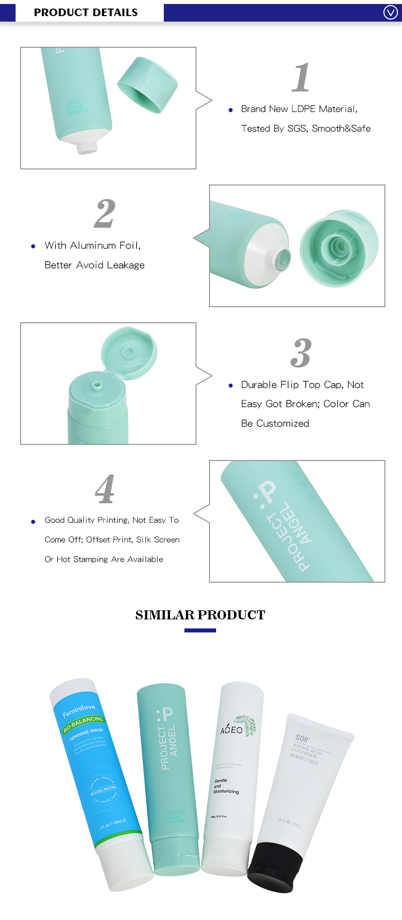 Blue Custom Made Face Wash Refillable Squeeze Tubes For Cosmetics